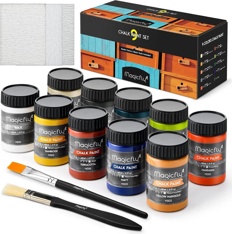 Magicfly 15 Pcs Chalk Furniture Paint Set, 9 Colors Ultra Matte Finish Acrylic Craft Paint Set (60 ml/2 oz) with Liquid Wax, 2 Brushes, 3 Sandpapers, Chalk Paint for Furniture, Crafts, Rustic Colors - Image 1